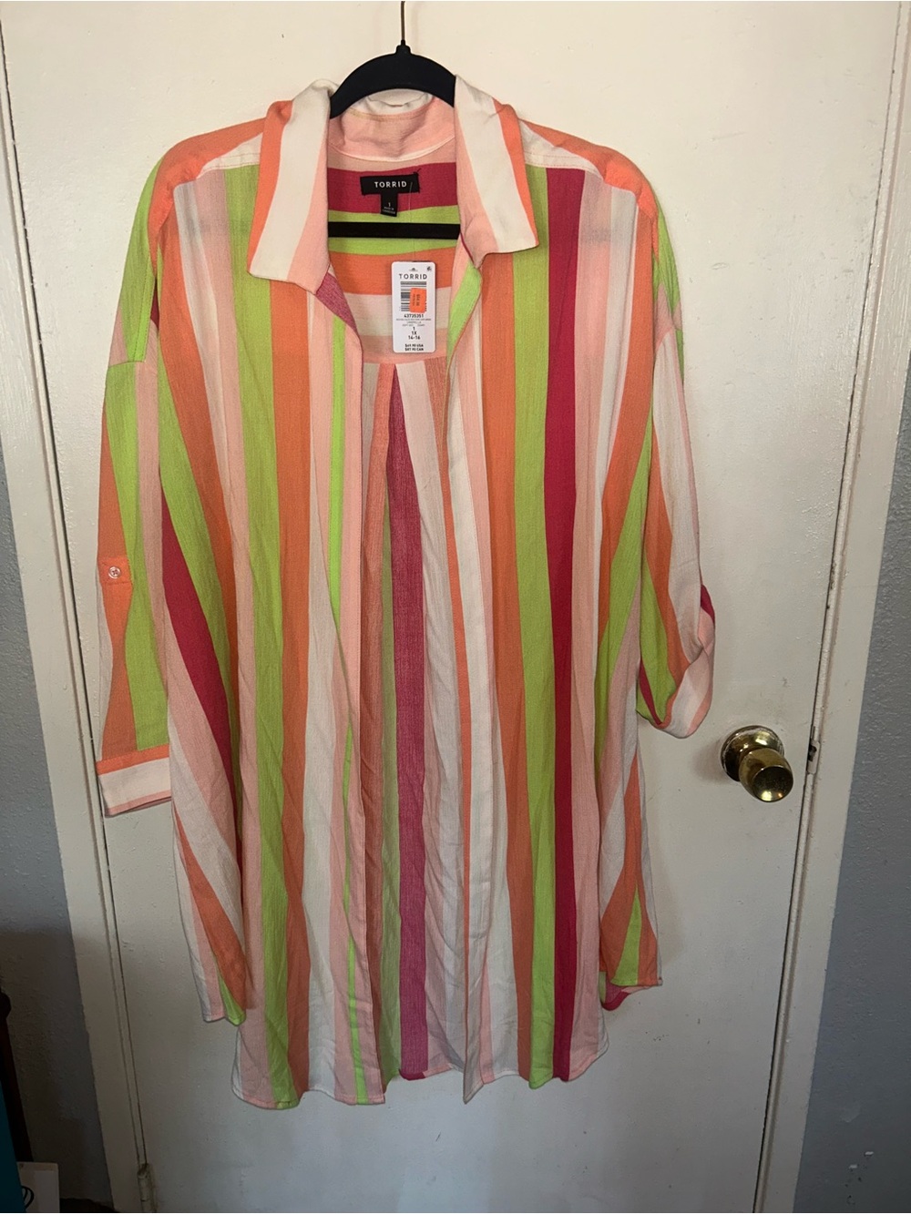 torrid Coral, Lime & Pink Striped Button-Front Tunic - Picture 1 of 3